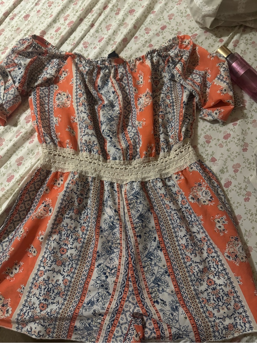 Rue21 Orange and Navy Floral Off-Shoulder Dress with Crochet Waist
